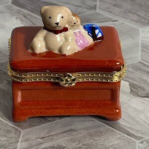 Vintage Teddy Bear & Girl Trinket Box Porcelain Hinged Keepsake Box Gold Trim